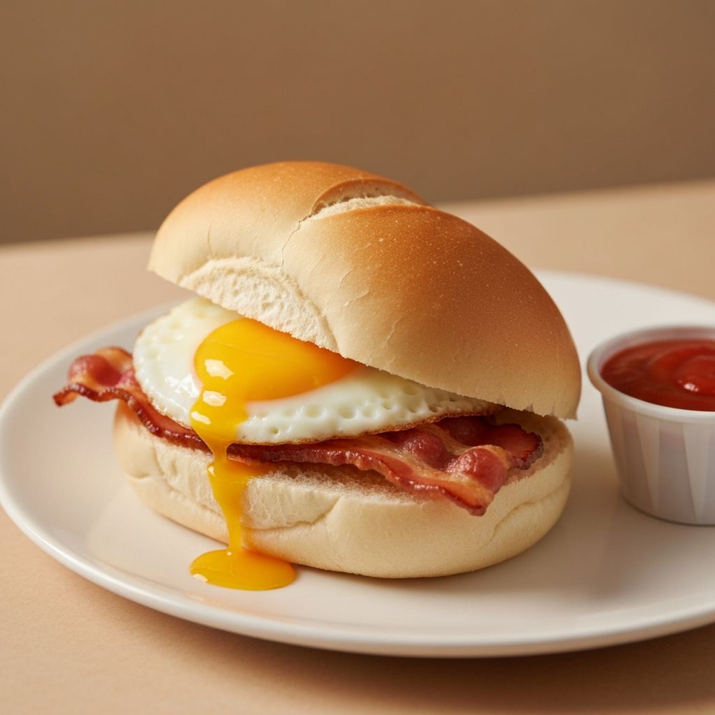 Bacon and egg breakfast roll on a soft white bread roll