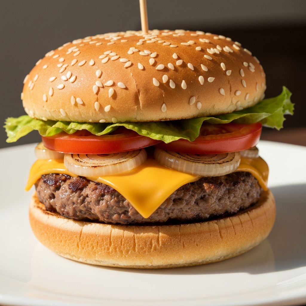 Classic Australian hamburger with cheese, lettuce and tomato on a sesame bun