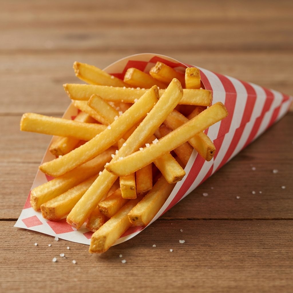 Golden crispy hot chips served in a paper cone