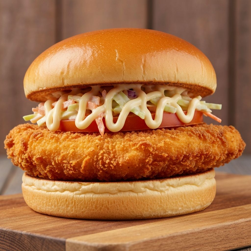 Crispy golden chicken schnitzel burger on a brioche bun with coleslaw